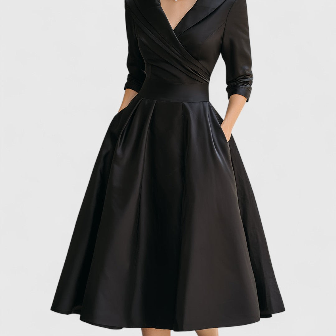 Genevieve - Women's Wrap V-Neck Midi Dress with 3/4 Sleeves