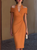 Giana - Women's Off-Shoulder Halter Wrap Midi Dress