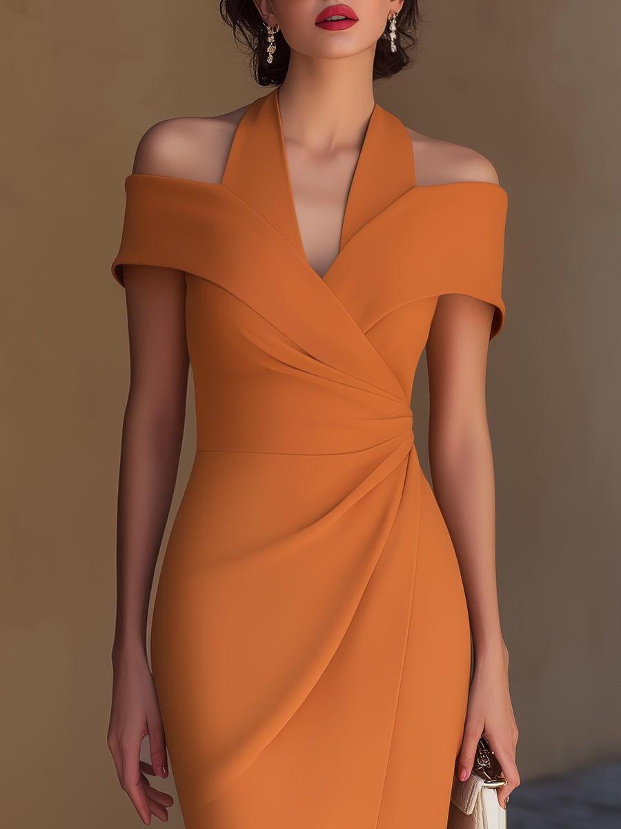 Giana - Women's Off-Shoulder Halter Wrap Midi Dress