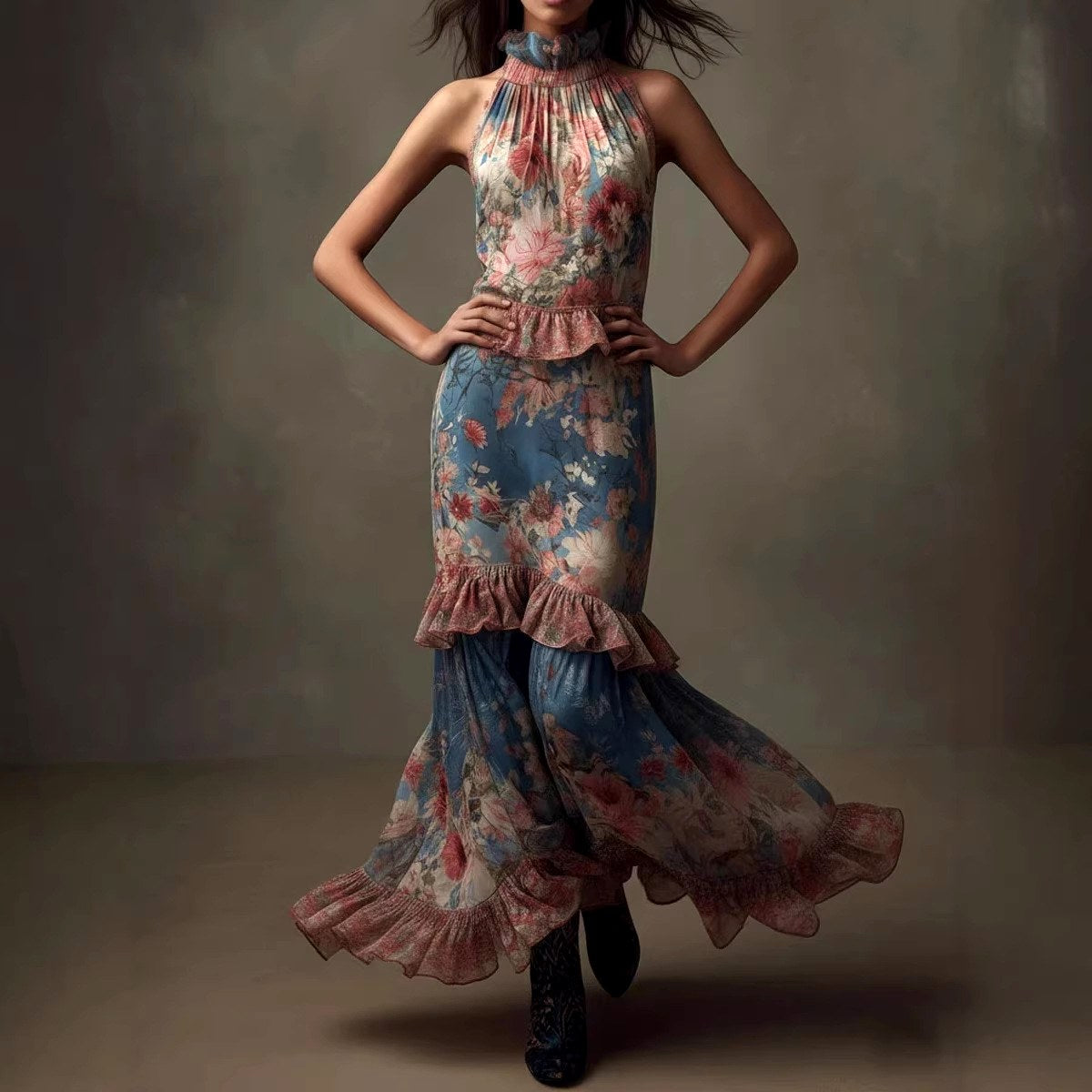 Ginette - Women's Halter High-Neck Floral Chiffon Maxi Dress 4