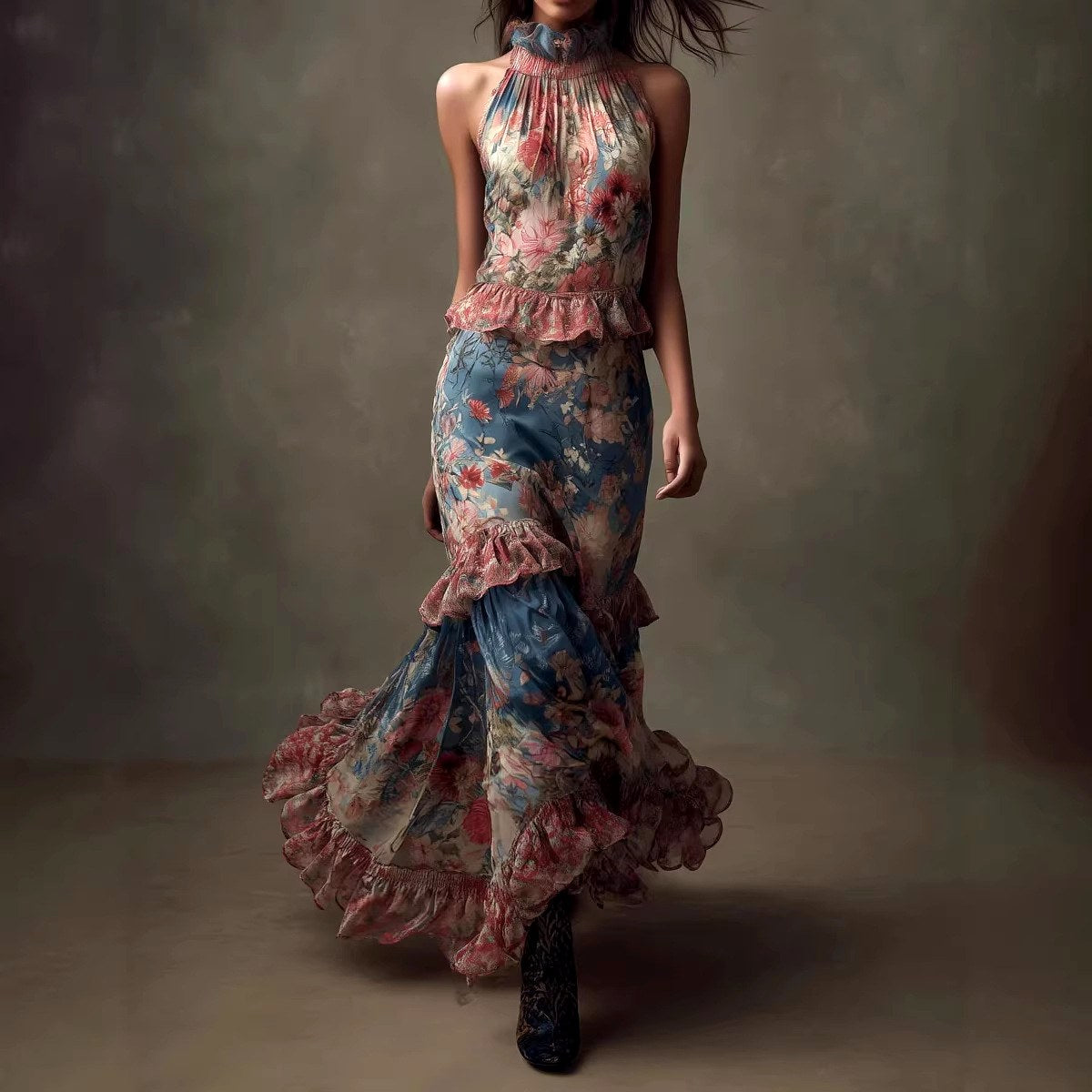 Ginette - Women's Halter High-Neck Floral Chiffon Maxi Dress 5
