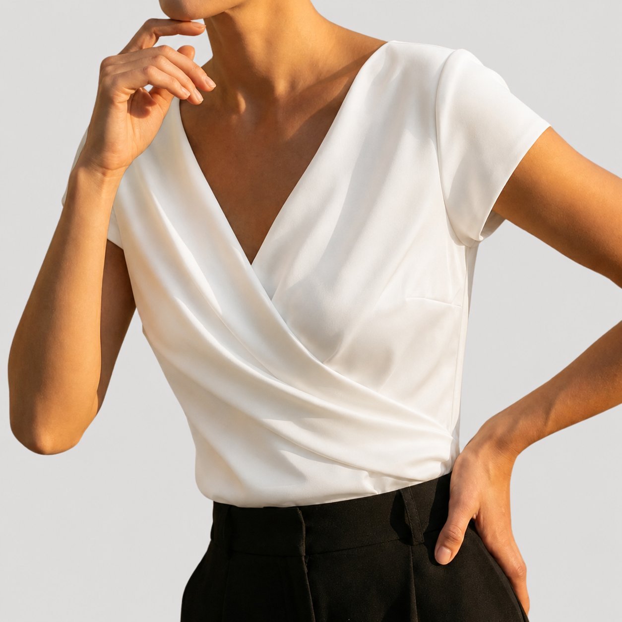 Gloria - Women's Cap Sleeve Draped Wrap V-Neck Blouse