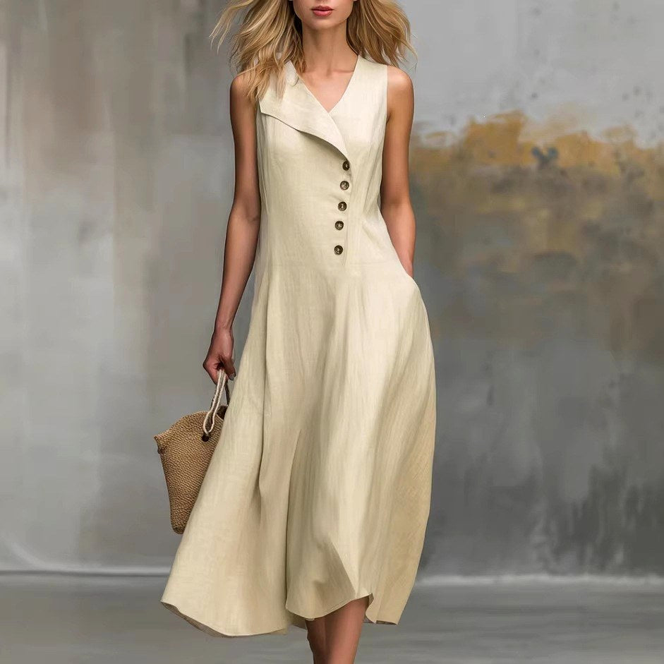 Gwen - Women's Lapel Sleeveless A-Line Midi Dress 1