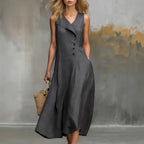Gwen - Women's Lapel Sleeveless A-Line Midi Dress 2