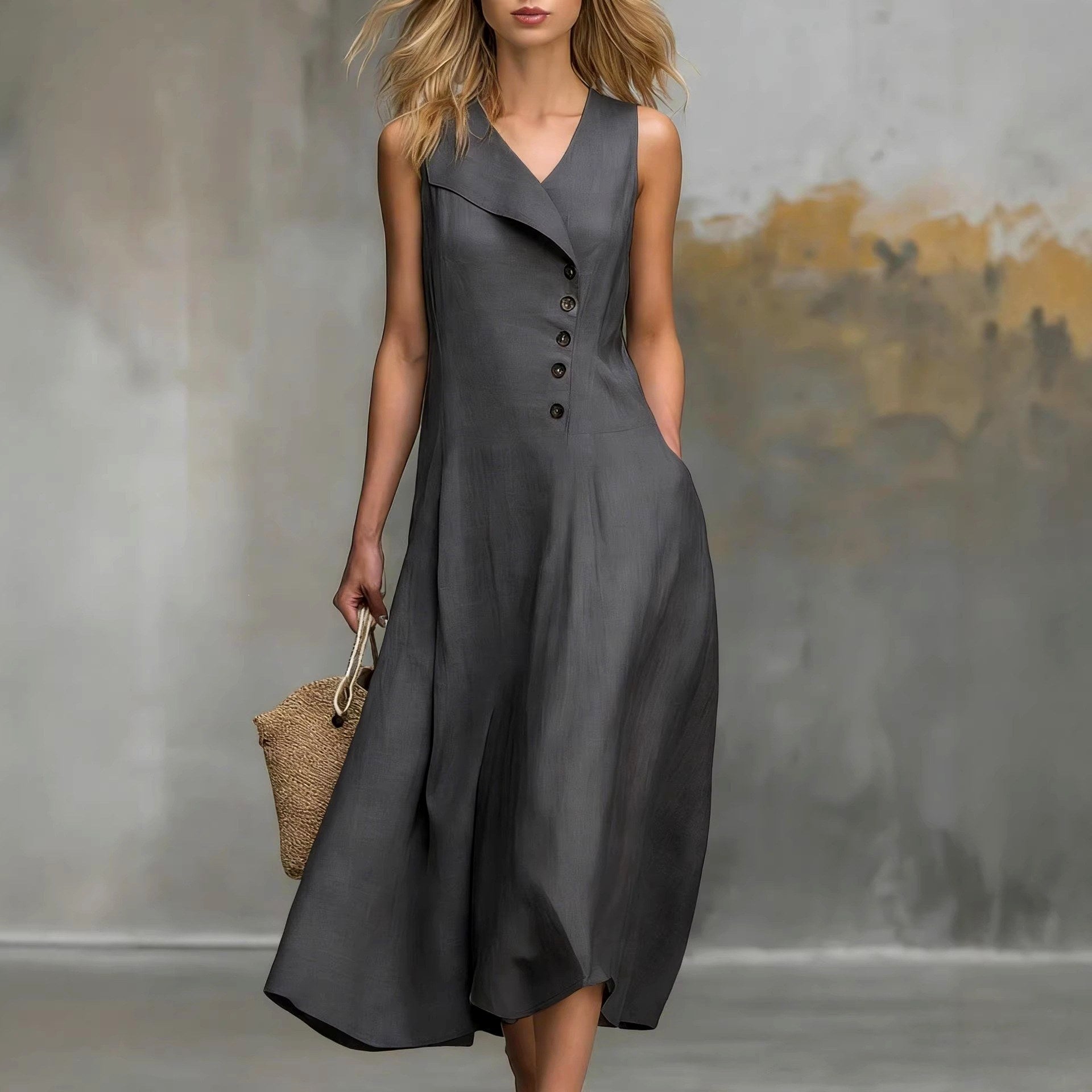 Gwen - Women's Lapel Sleeveless A-Line Midi Dress 2