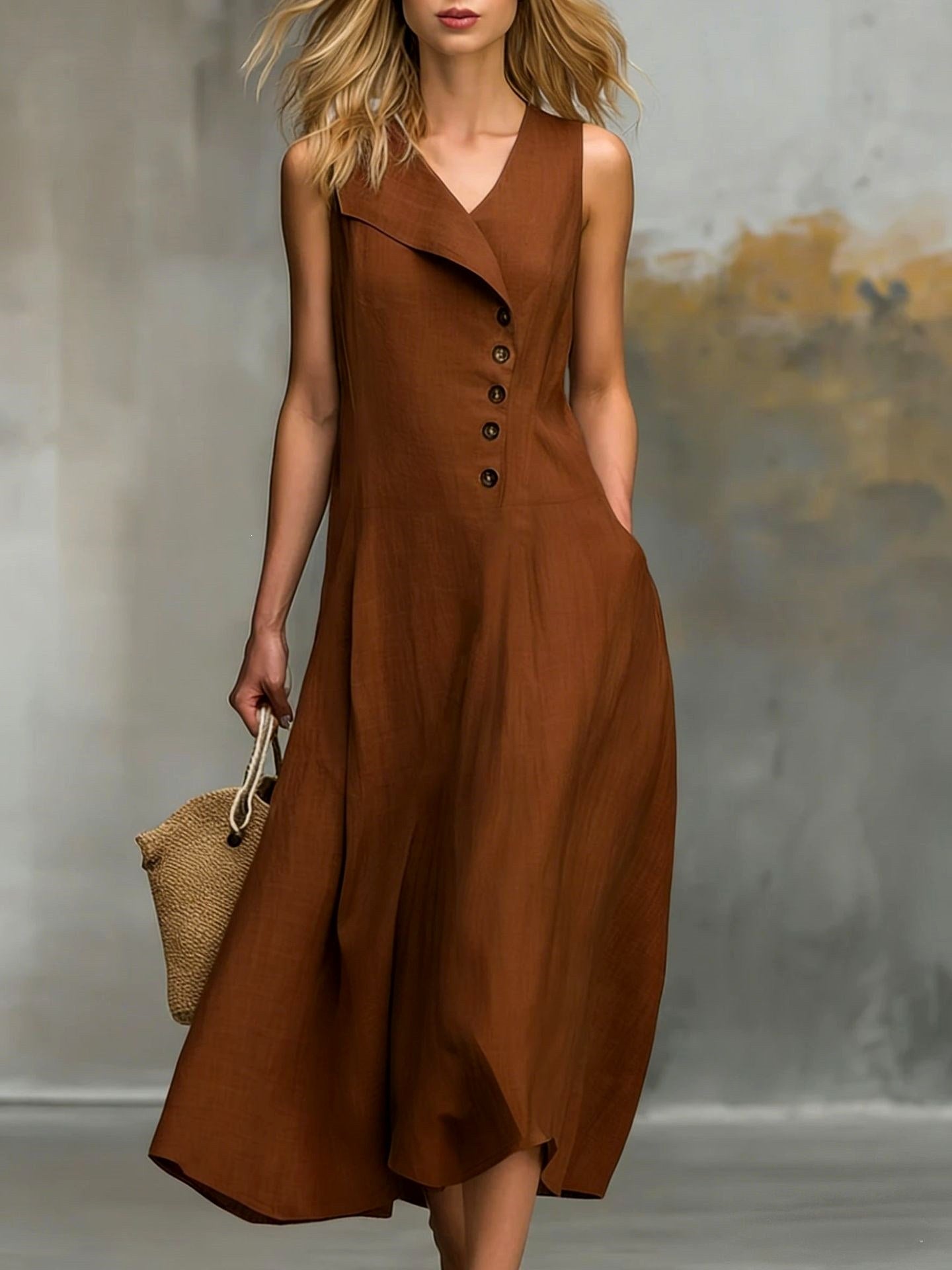 Gwen - Women's Lapel Sleeveless A-Line Midi Dress 4