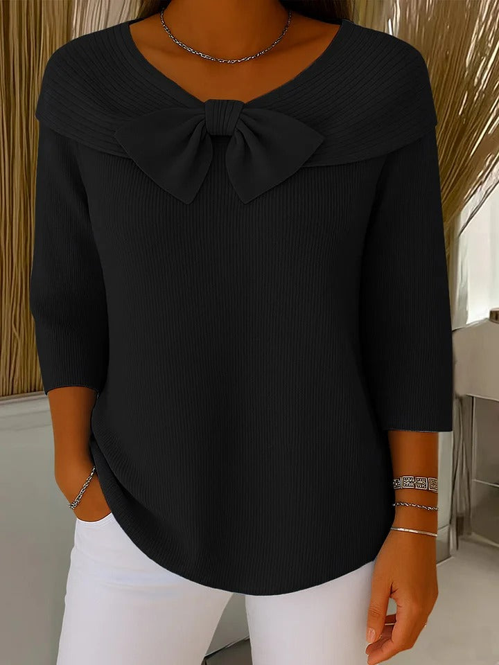 Hadley - Women's Ribbed Bow-Collar Top