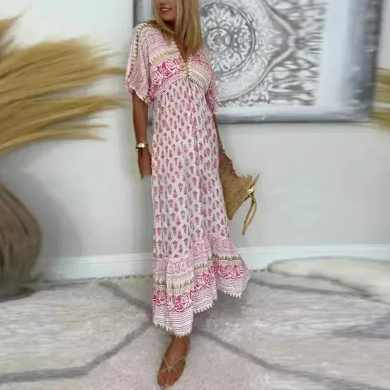 Henrietta - Women's Printed Maxi Dress with Decorative Borders