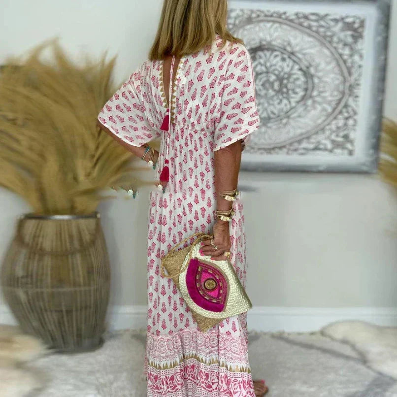 Henrietta - Women's Printed Maxi Dress with Decorative Borders