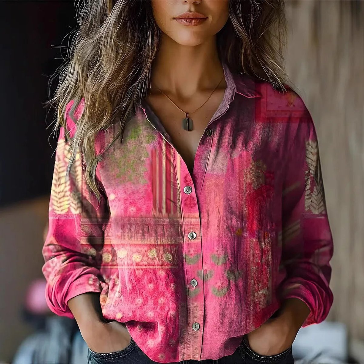 Irene - Women's Floral Button-Front Lapel Blouse
