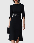 Iris - Women's Belted Mock-Neck Midi Dress with Asymmetric Hem