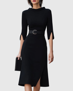 Iris - Women's Belted Mock-Neck Midi Dress with Asymmetric Hem
