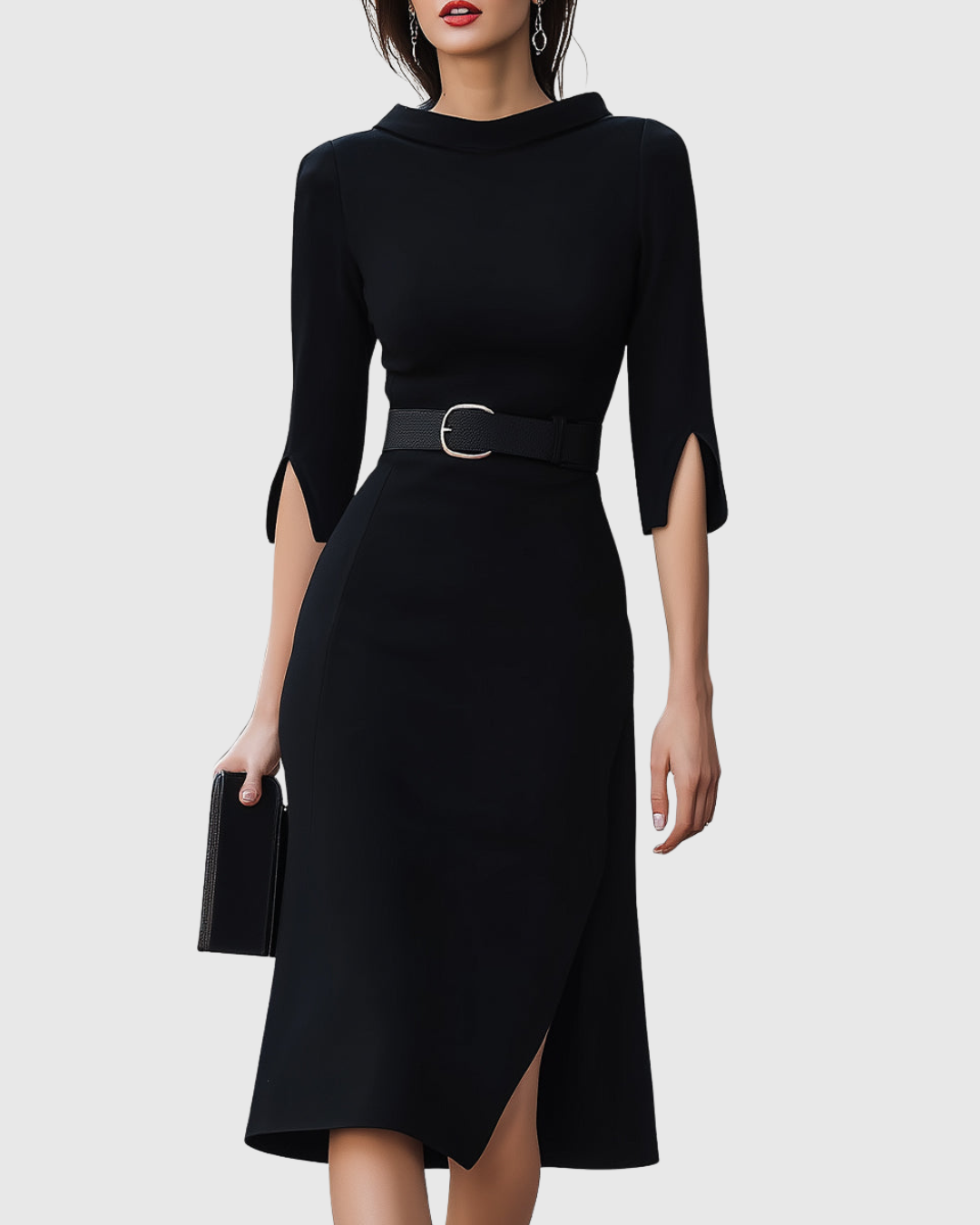 Iris - Women's Belted Mock-Neck Midi Dress with Asymmetric Hem