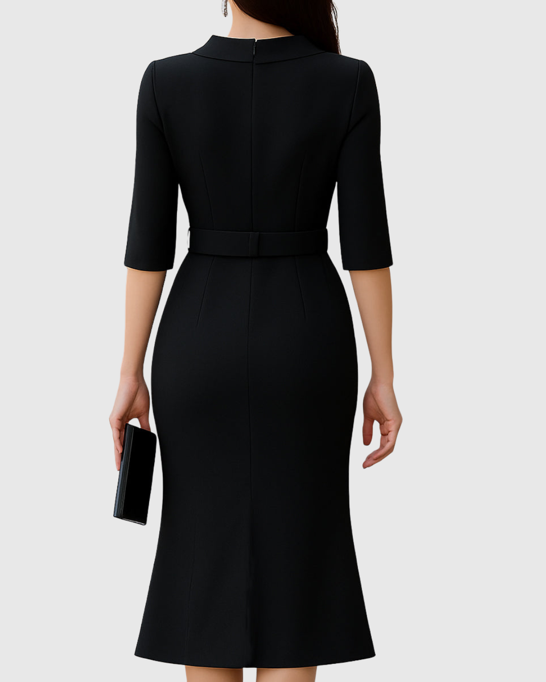 Iris - Women's Belted Mock-Neck Midi Dress with Asymmetric Hem