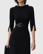 Iris - Women's Belted Mock-Neck Midi Dress with Asymmetric Hem