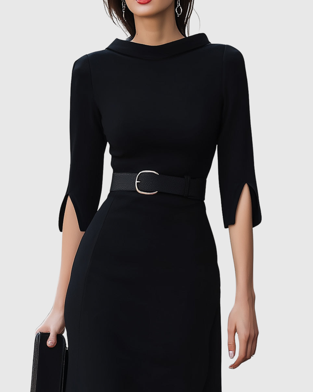 Iris - Women's Belted Mock-Neck Midi Dress with Asymmetric Hem