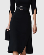 Iris - Women's Belted Mock-Neck Midi Dress with Asymmetric Hem