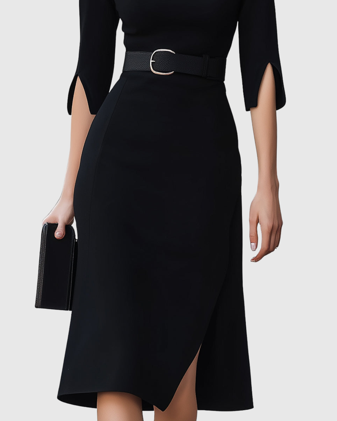 Iris - Women's Belted Mock-Neck Midi Dress with Asymmetric Hem