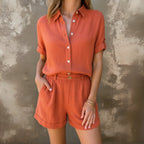 Jolene - Women's Linen Button-Front Shirt Set with High-Waisted Pleated Shorts