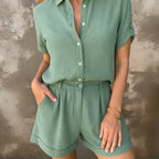 Jolene - Women's Linen Button-Front Shirt Set with High-Waisted Pleated Shorts
