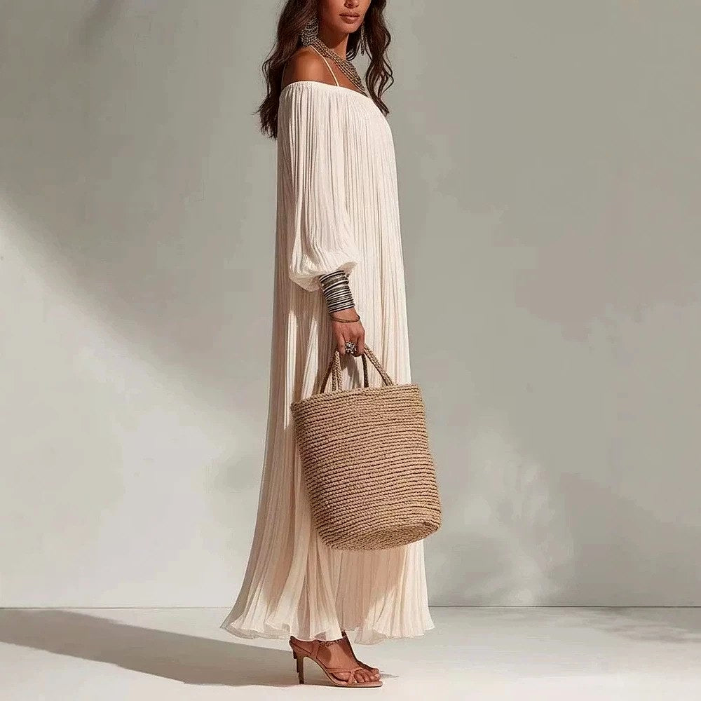 Kalinda - Women's Pleated Off-Shoulder Long Sleeve Maxi Dress 3