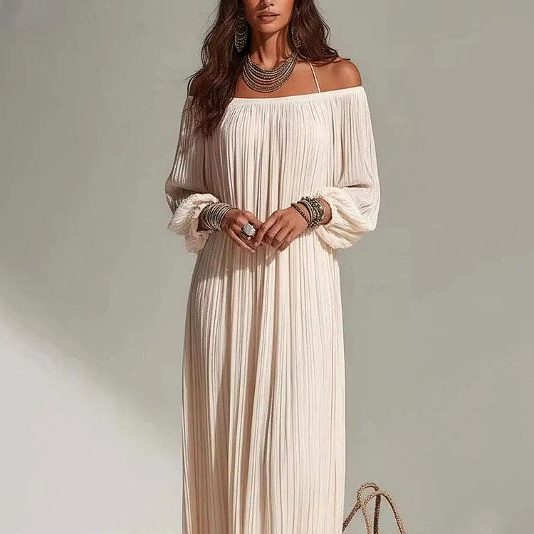 Kalinda - Women's Pleated Off-Shoulder Long Sleeve Maxi Dress 4