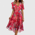 Katie - Women's Floral V-Neck Wrap Midi Dress