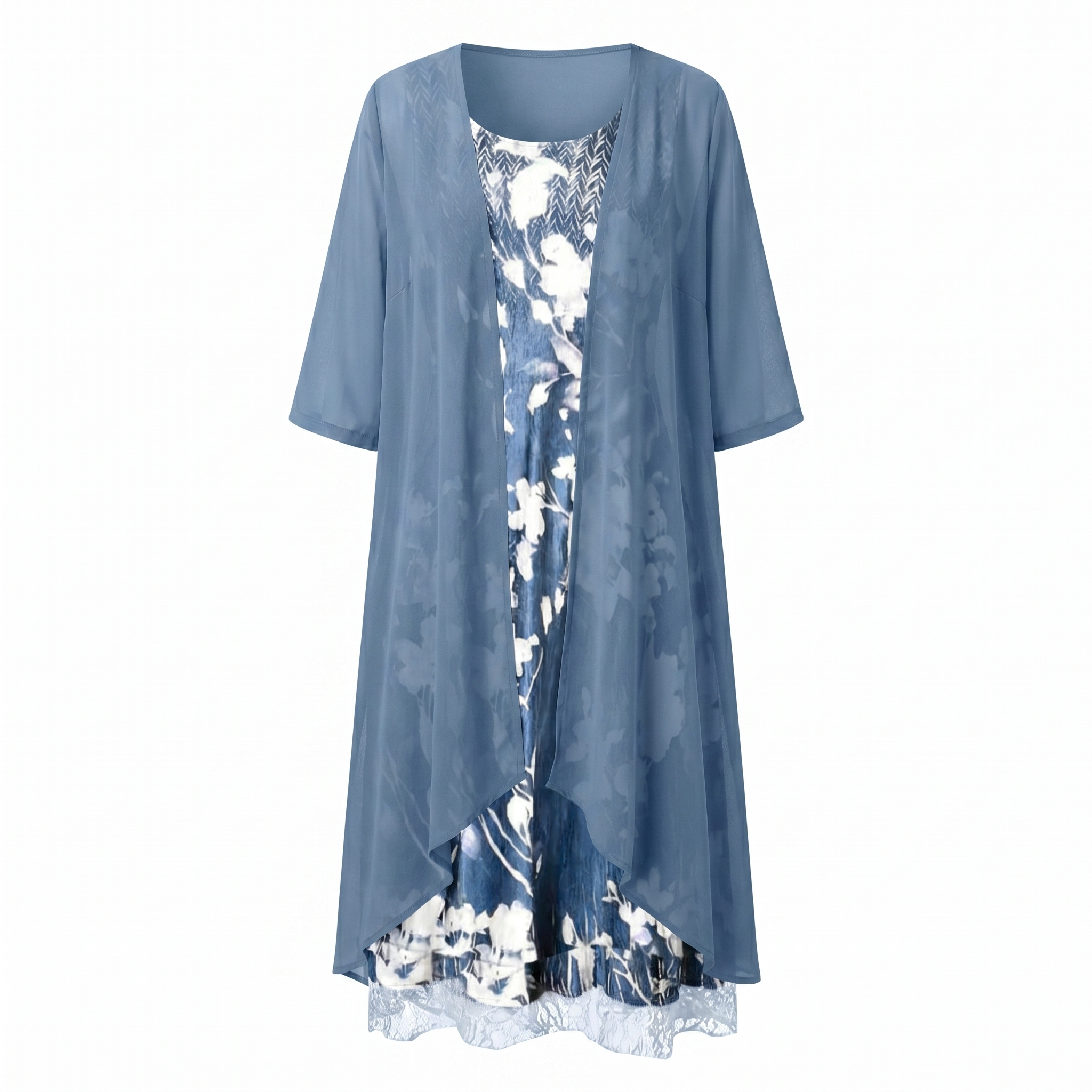 Kendall - Women's Floral Slip Dress with Sheer Duster Cardigan