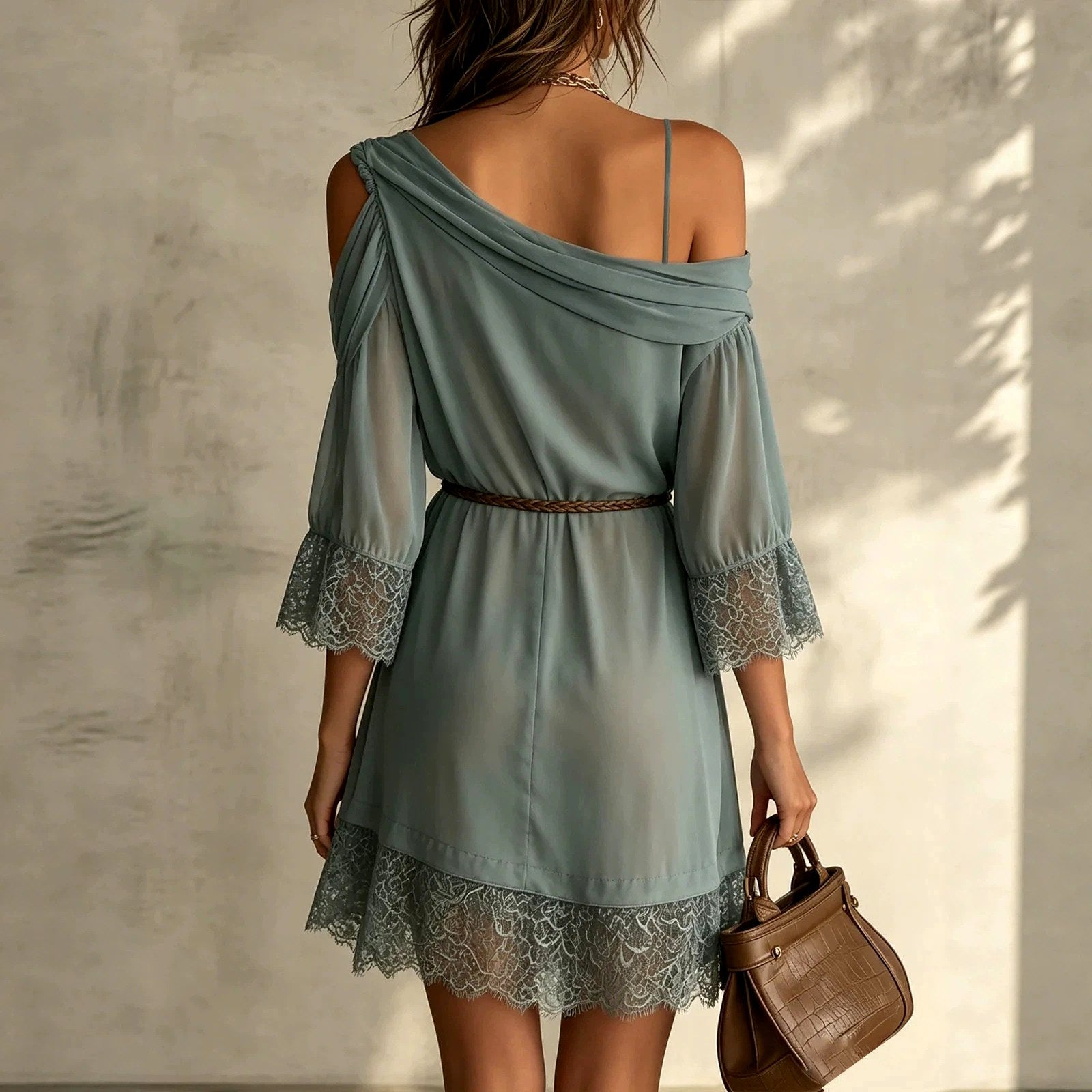 Kendall - Women's Asymmetric Lace Trim Mini Dress 2