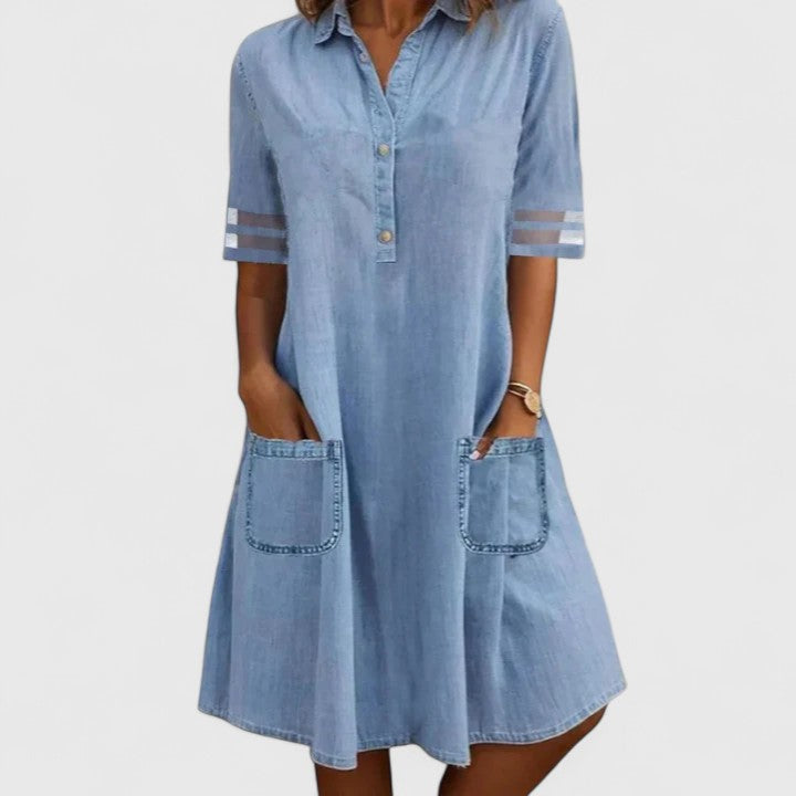 Kylie - Women's Button-Front Denim Dress with Patch Pockets