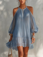 Liana - Women's Pleated Cold-Shoulder Lace Mini Dress 1