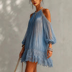 Liana - Women's Pleated Cold-Shoulder Lace Mini Dress 2
