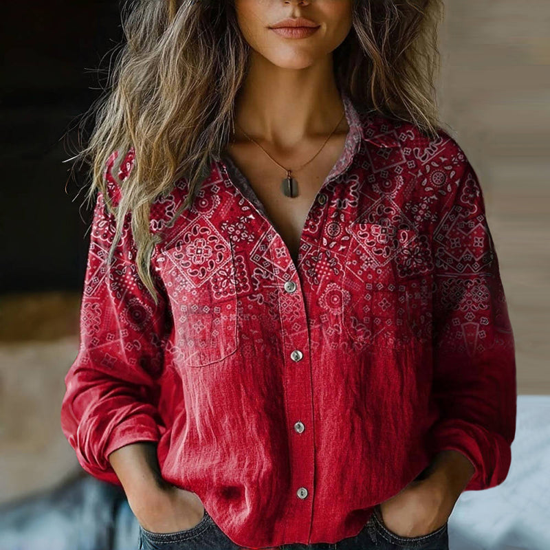 Lorelai - Women's Button-Front Collared Blouse with Printed Pattern