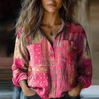 Lorelai - Women's Button-Front Collared Blouse with Printed Pattern