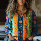 Lorelai - Women's Button-Front Collared Blouse with Printed Pattern