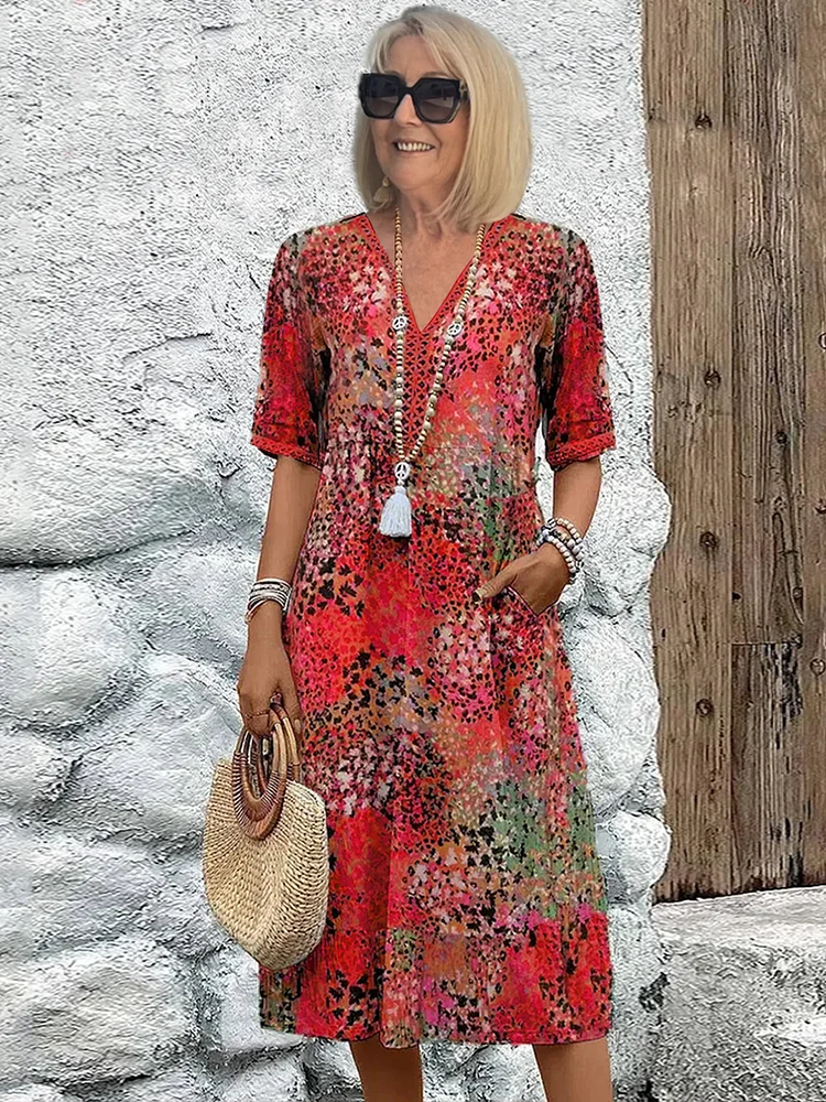 Loretta - Women's Patterned V-Neck Midi Dress