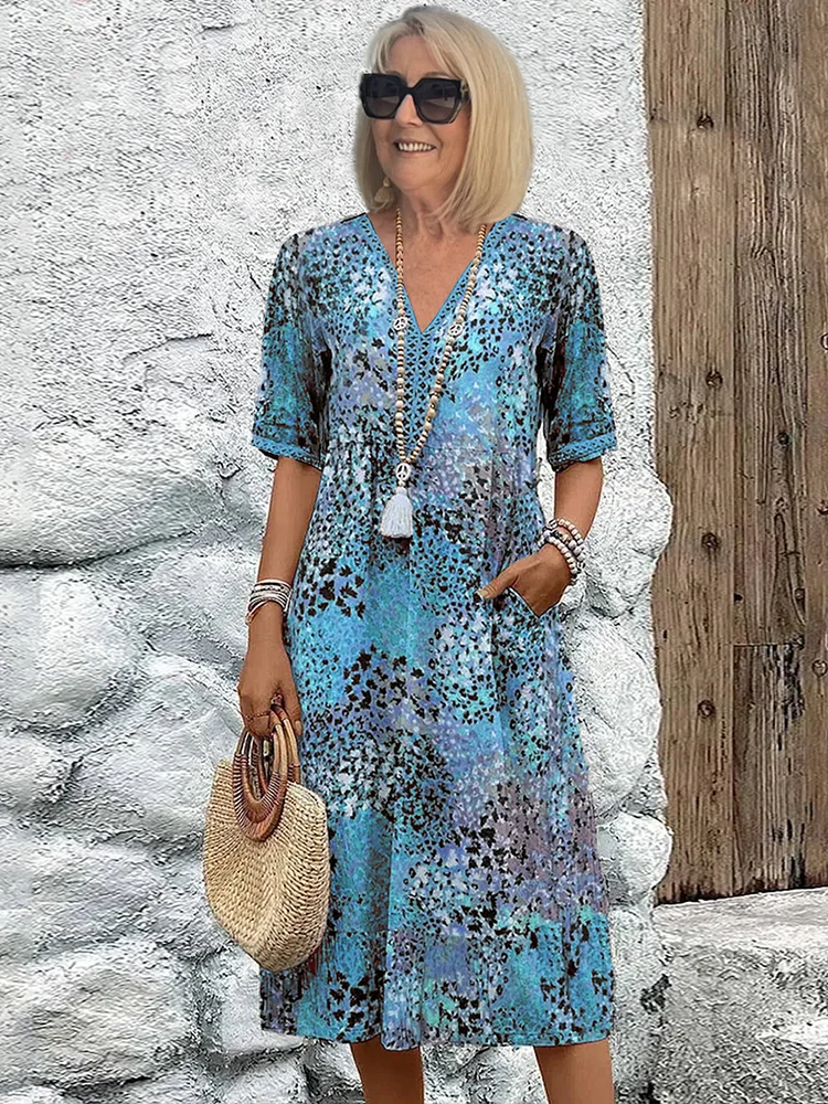 Loretta - Women's Patterned V-Neck Midi Dress