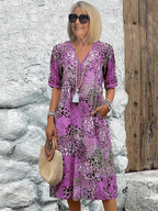 Loretta - Women's Patterned V-Neck Midi Dress