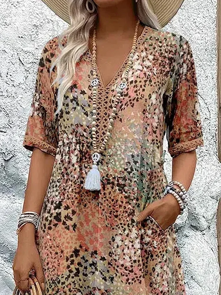 Loretta - Women's Patterned V-Neck Midi Dress