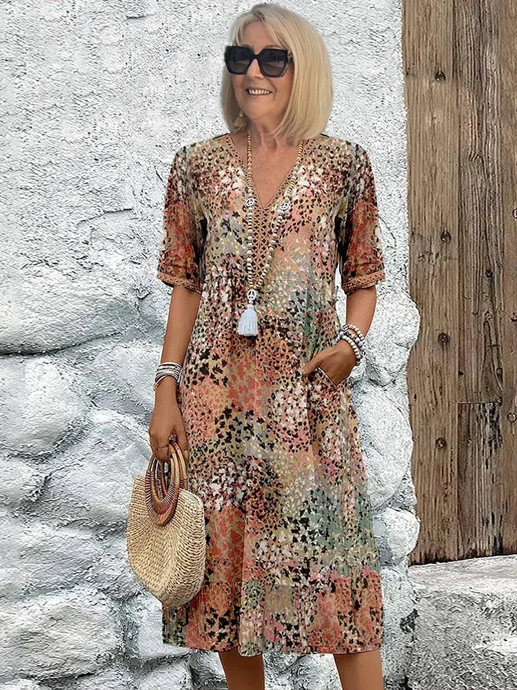 Loretta - Women's Patterned V-Neck Midi Dress