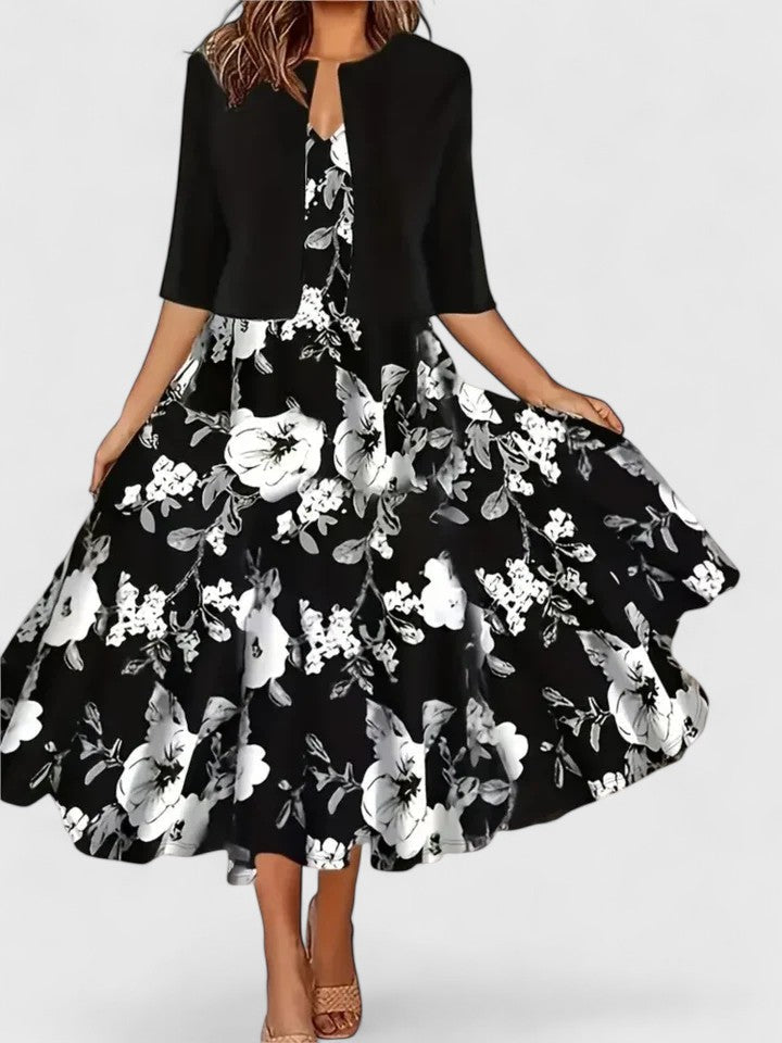 Lorraine - Women's Floral Midi Dress with Cropped Cardigan