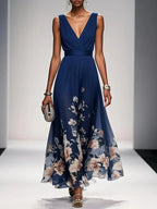 Lucille - Women's Floral V-Neck A-Line Midi Dress