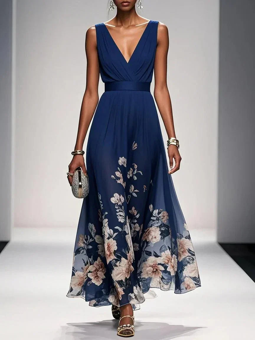 Lucille - Women's Floral V-Neck A-Line Midi Dress