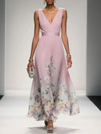 Lucille - Women's Floral V-Neck A-Line Midi Dress