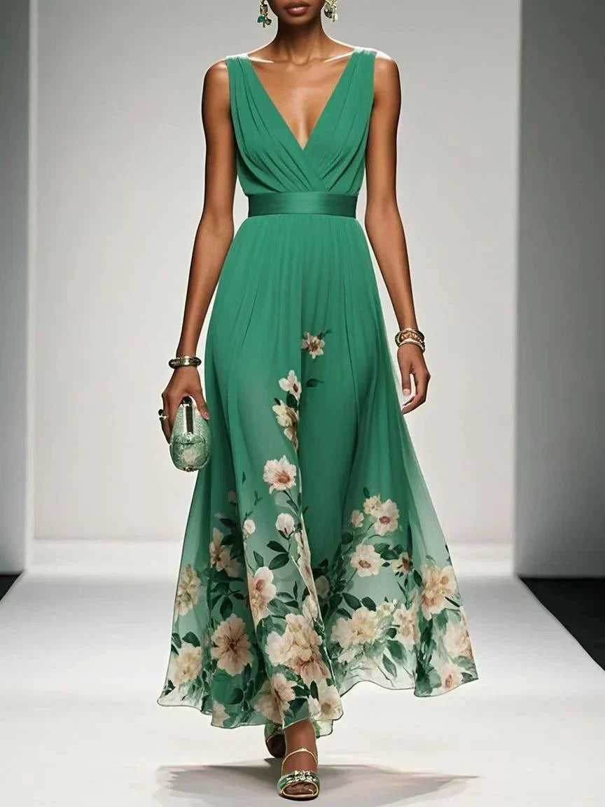 Lucille - Women's Floral V-Neck A-Line Midi Dress