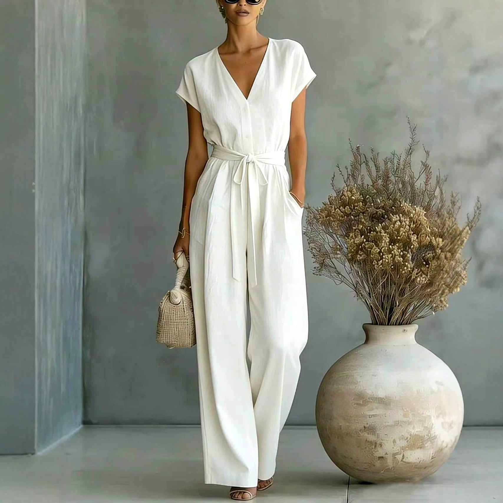 Lucinda - Women's V-Neck Wide Leg Belted Jumpsuit 1