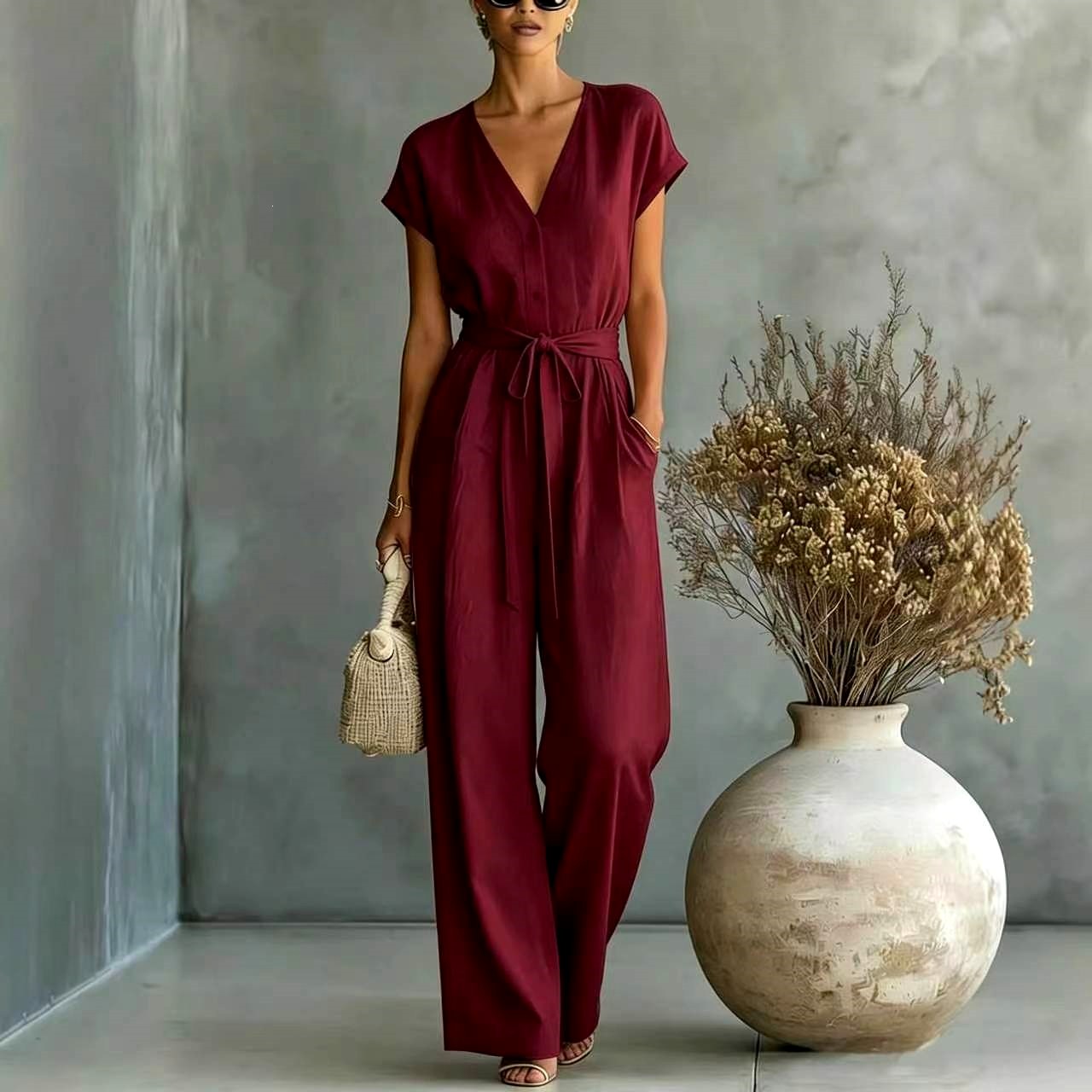 Lucinda - Women's V-Neck Wide Leg Belted Jumpsuit 3