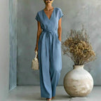 Lucinda - Women's V-Neck Wide Leg Belted Jumpsuit 4