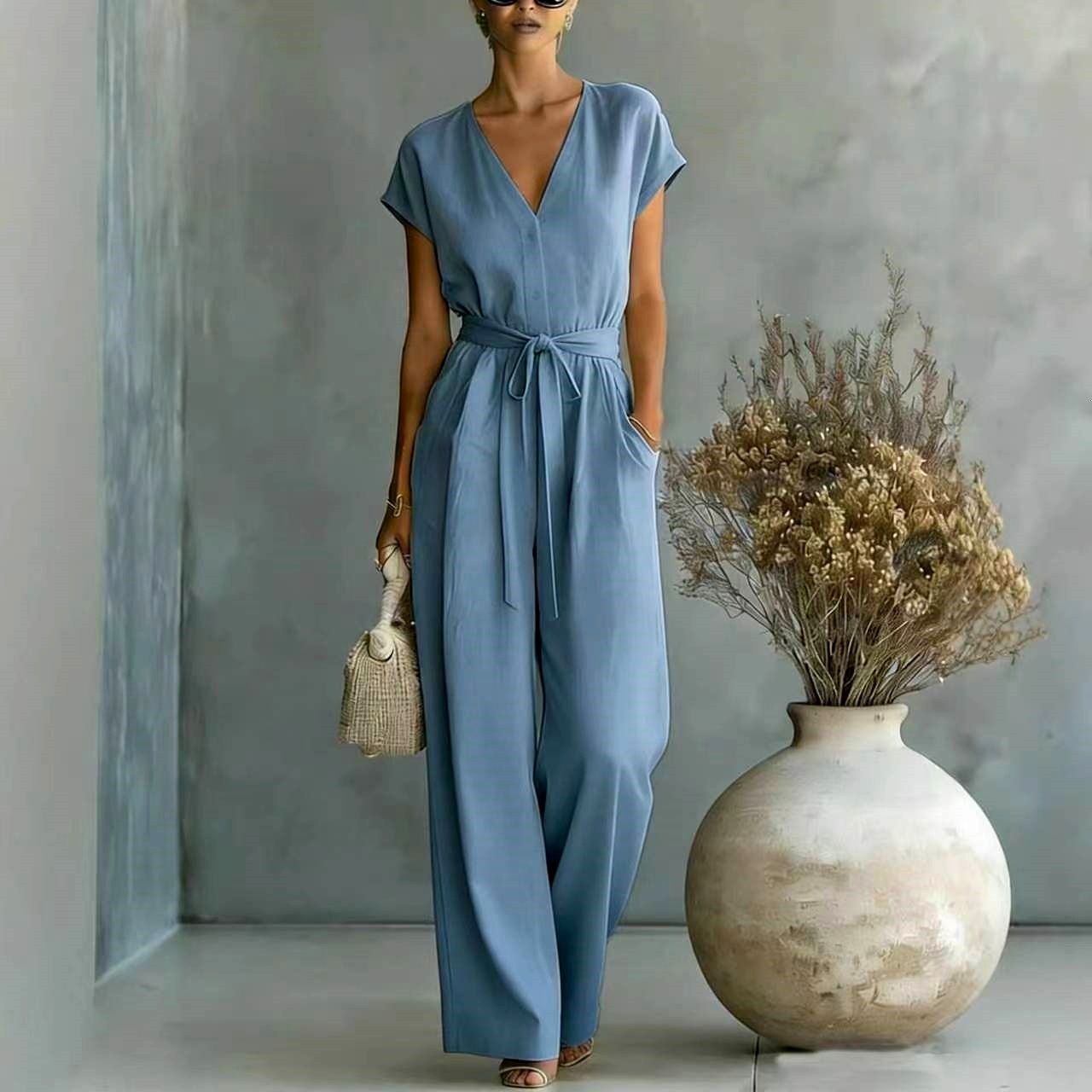 Lucinda - Women's V-Neck Wide Leg Belted Jumpsuit 4