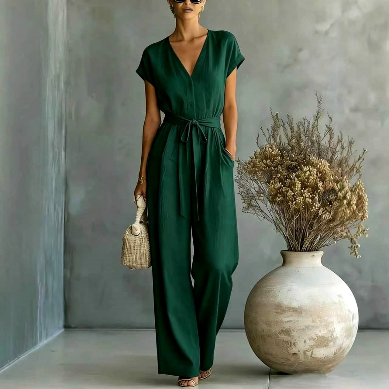 Lucinda - Women's V-Neck Wide Leg Belted Jumpsuit 5